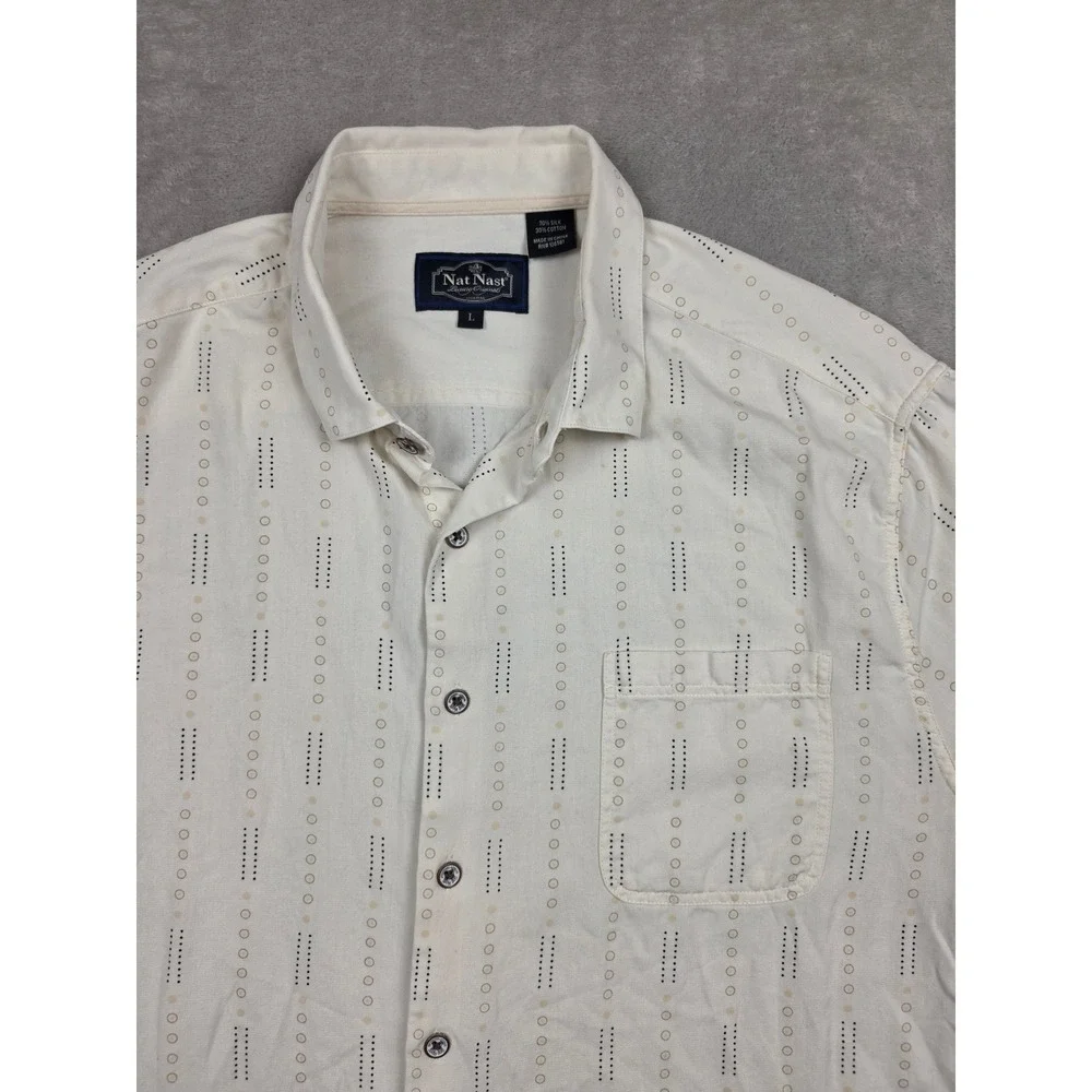 Nat Nast Button Up Shirt Mens Large Cream Silk Cotton Geometric Short Sleeve